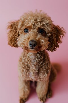 Top view photo of cute brown poodle sitting against pink background