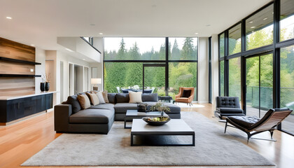 Large modern luxury living room interior in Bellevue home.