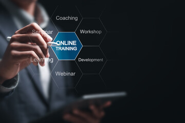 Training webinar E-learning skills business concept. Person touch virtual screen of online training...