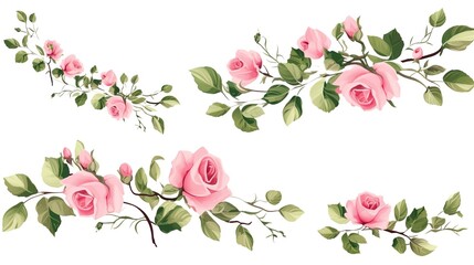 Obraz premium Set of vector bouquets of pink rose. Flowers on white background. All elements are isolated. Elements for wedding design. Corners and borders of pink roses. generative ai