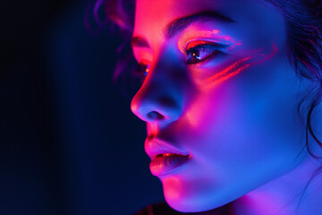 In a pitch-black room, a solitary woman emerges, adorned with radiant glow-in-the-dark makeup, casting an enchanting neon aura in the mysterious darkness.