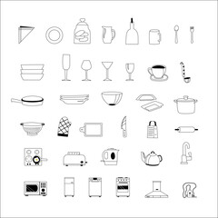 Kitchen related utensils collection in outline flat style. Set of simple hand drawn contour icons of cooking tools.