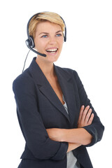 Woman, crm and call centre headset in studio, customer service and operator by white background. Female person, consultant and telemarketing agent or representative, advisor and technical support