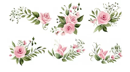 Schilderijen op glas Set of vector bouquets of pink rose. Flowers on white background. All elements are isolated. Elements for wedding design. Corners and borders of pink roses. generative ai © irvan