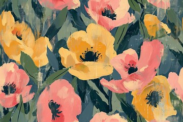 Impressionist floral print close up in muted colors, midcentury modern wallpaper, seamless pattern
