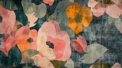 Impressionist floral print close up in muted colors, midcentury modern wallpaper, seamless pattern