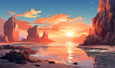 Rocky beach with huge cliffs and sunset, stylized light orange and silver. Generative Ai

 - obrazy, fototapety, plakaty