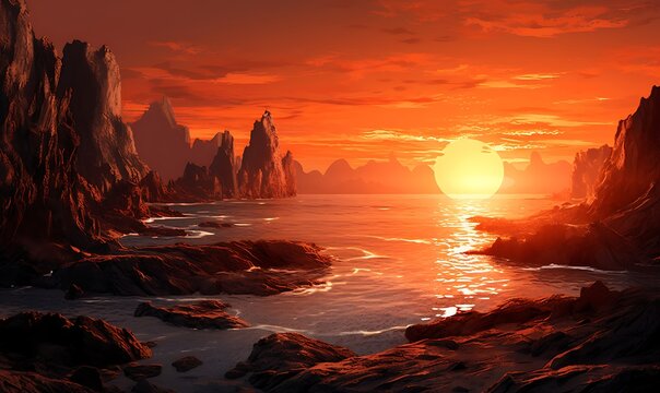 Rocky beach with huge cliffs and sunset, stylized light orange and silver. Generative Ai

