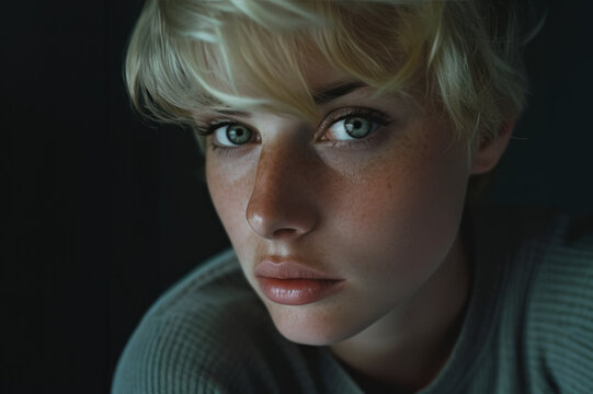 portrait studio sur fond noir d'une jeune fille blonde avec des tâches de rousseurs, aux cheveux court coupés "à la garçonne" et aux yeux vert 