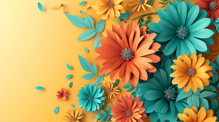 Paper cut spring mind and orange flowers and leaves on a orange background. Spring floral background with copy space.