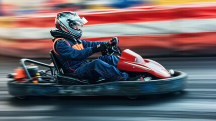 homme faisant du karting sur un piste à pleine vitesse avec casque et combinaison de pilote - obrazy, fototapety, plakaty