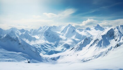 Fototapeta na wymiar Snow-covered Mountain Range Under Blue Sky