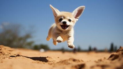 Happy baby Fennec fox jumping pure joy beautiful