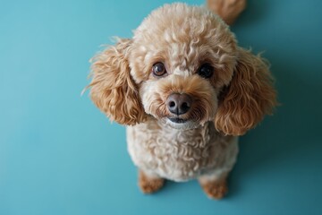 Top view photo of cute brown poodle sitting against blue background with space for text