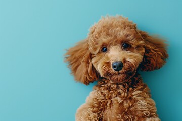Top view photo of cute brown poodle lying on the blue background with space for text