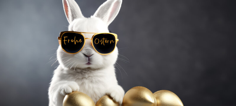 Frohe Ostern Konzept Feiertag Gru&szlig;karte mit deutschem Text - Cooler Osterhase, Kaninchen mit Sonnenbrille und gold bemalten Ostereiern