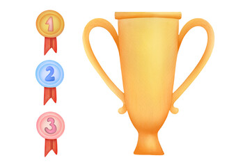 watercolor Golden Trophy cup, medals clip art, cut out illustration on transparent background. team games, individual competitions Champion trophy. award ceremony for winners of international sport