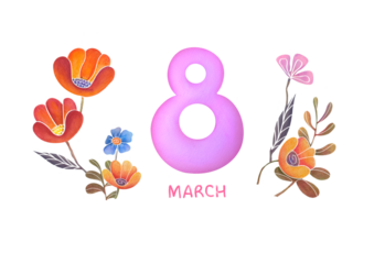 gentle greeting card on International Women's Day on March 8 for mom, sister and grandmother. illustration with number 8, watercolor flowers on transparent background. Watercolor spring blossom