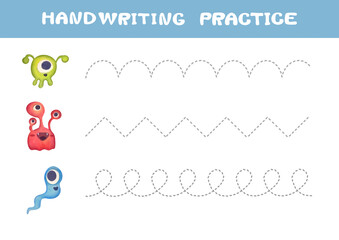 Tracing lines for children. Handwriting practice with Cartoon aliens. Educational game for preschool kids. Printable Page worksheet, learning study page nursery childish activity. Basic writing