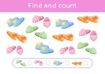 Fototapeta premium Count all slippers, Count the number and write right answer into box. Math game for preschool kids. cartoon Counting children game. educational nursery activity, study methematics page, worksheet