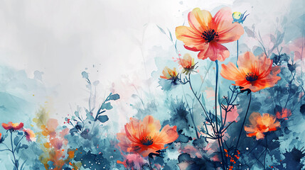 Obraz na płótnie Canvas Spring greeting card with orange teal cosmos flowers meadow in watercolor style. Spring floral design.