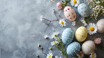 Easter eggs with daisies and chamomiles on grey background
