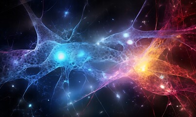 Naklejka na ściany i meble The conceptual link between neuron cells and concentrations of galaxies in the universe. Generative Ai