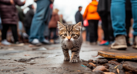 Homeless kitten on the street. Small kitten on a dirty street, close-up - obrazy, fototapety, plakaty