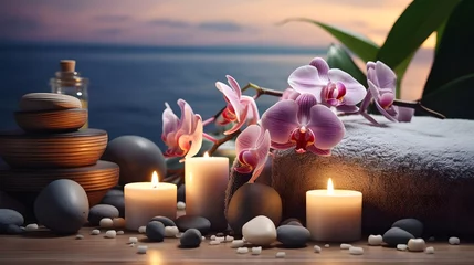 Foto auf Alu-Dibond Massagesalon Aromatherapy, spa, beauty treatment and wellness background with massage pebbles, orchid flowers, towels, cosmetic products and burning candles.