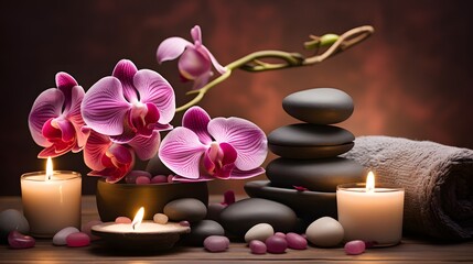 Fototapeta na wymiar Aromatherapy, spa, beauty treatment and wellness background with massage pebbles, orchid flowers, towels, cosmetic products and burning candles.