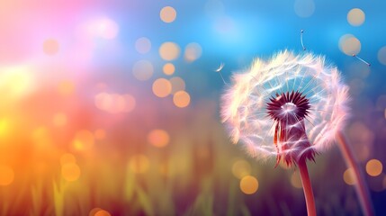 Beautiful dandelion flower with flying feathers on colorful bokeh background. Macro shot of summer nature scene.
