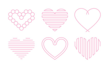 Various linear hearts in pink color. Multipurpose vector line heart design elements.