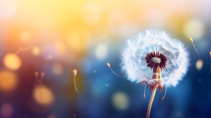 Beautiful dandelion flower with flying feathers on colorful bokeh background. Macro shot of summer nature scene.
 - Powered by Adobe