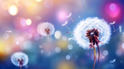 Beautiful dandelion flower with flying feathers on colorful bokeh background. Macro shot of summer nature scene.
