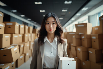 Responsible Asian woman with box in hand in warehouse, goods delivery, mail, online store, moving to new workplace, selective focus