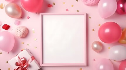 Birthday or holiday mockup with frame, gift box, pastel balloons and confetti on pink table top view. Flat lay composition. - obrazy, fototapety, plakaty
