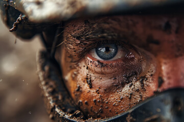 Close-up, a cyclist with blue eyes and a face covered in mud.