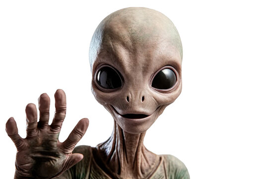 Aliens arrival concept, aliens are smiling and waving greeting on transparent background.