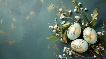Easter holiday background, Easter eggs with gold pattern on a turquoise background, stylish modern...