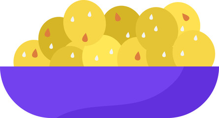 Bowl of yellow juicy lemons with water drops. Fresh citrus fruit in a purple container. Healthy food and vitamin C source vector illustration.