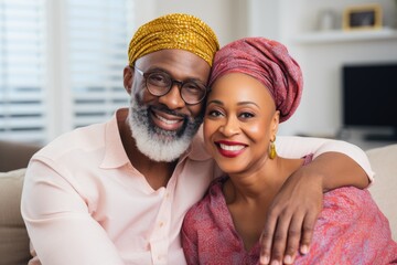 Portrait of mid adult happy african american couple hugging at home sitting on couch wearing traditional turban. - Powered by Adobe