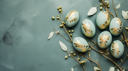 Easter holiday background, Easter eggs with gold pattern on a turquoise background, stylish modern...