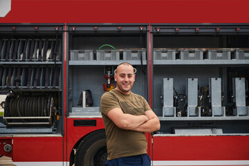 Confident firefighter stands with crossed arms, exuding resilience and preparedness, ready to...