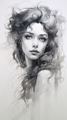 Abstract portrait of a beautiful woman with long hair. The image is drawn in black and white pencil. Art illustration for cover, postcards, paintings