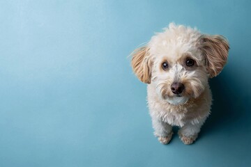 Top view photo of cute white poodle sitting against blue background with space for text