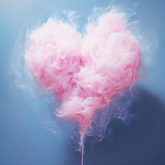 heart-shaped cotton candy in vibrant pink against a soft blue background. The cotton candy has a fluffy, ethereal texture, giving the impression of a cloud.