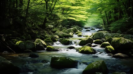 river with mossy rocks in the middle of a tropical forest