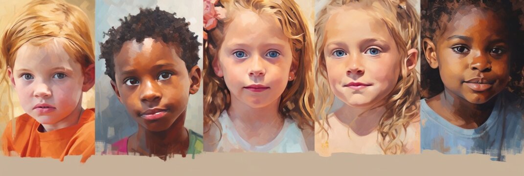 Collage of photos with different little children. Group of different children. Photo collage portrait of different kids smile close up isolated. Collection of different people and ethnicities