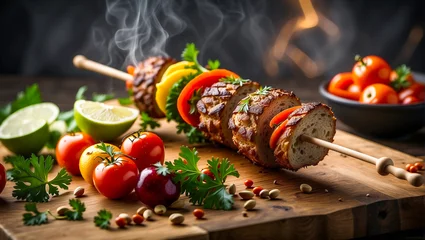Fotobehang grilled meat whit smoke and dark fire background, Wooden board with delicious shish kebabs and grilled vegetables isolated on white background. Ai Generated © Bounseng