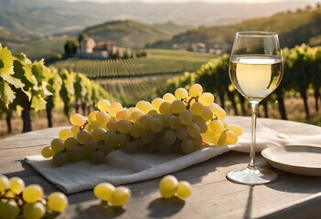 Elegant glass of white wine with fresh grapes on a rustic table overlooking sunlit vineyards. AI